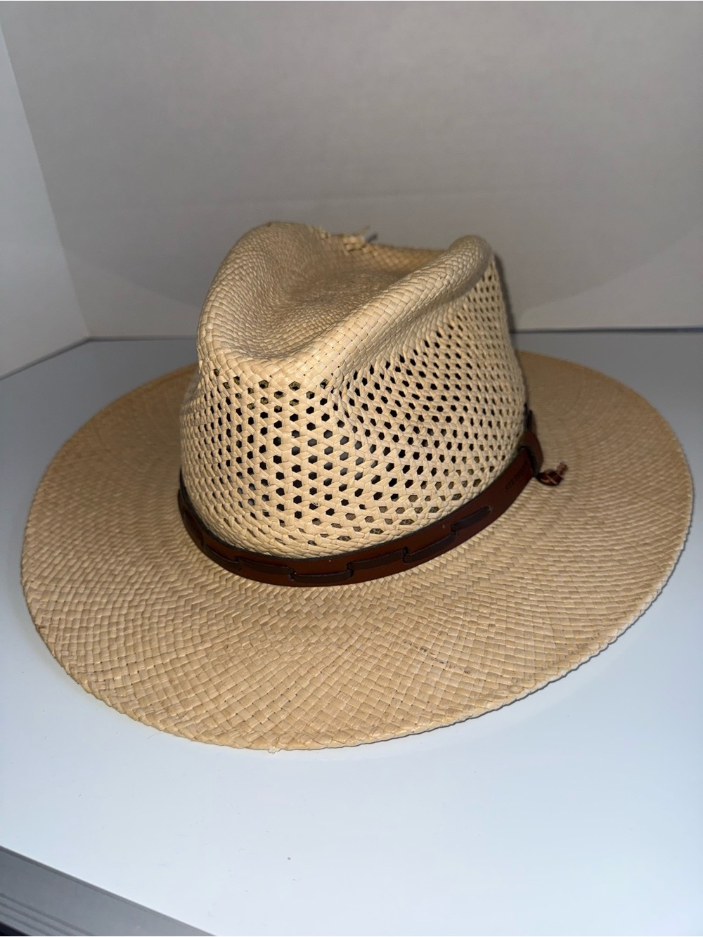 STETSON Men's Straw Fedora Hat with Brown Leather Band and Strap XL